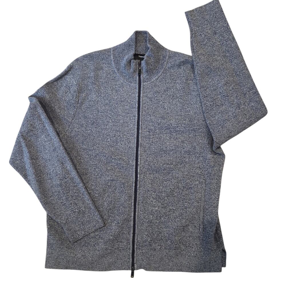 Theory Mock-neck Zip Front Cardigan Sweater Men's sz large, Marled Blue Cotton